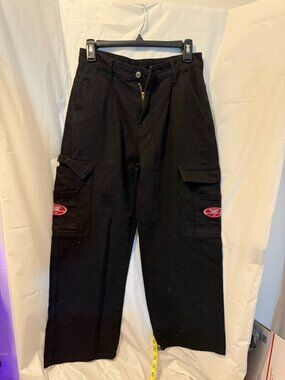 SHEIN Petite S Wake Jeans Black Cargo Pants Red Logo Patch Y2K Skater Streetwear